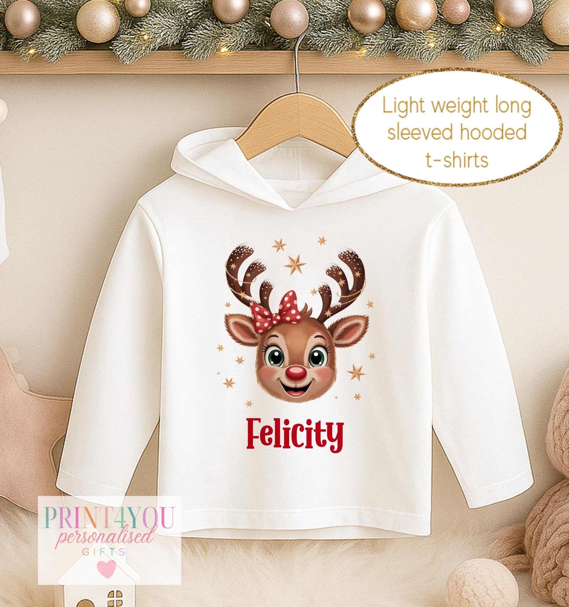 Personalised Christmas hooded t-shirt for girls, white lightweight long sleeved hoodie printed with a reindeer with pink floral antlers and a name