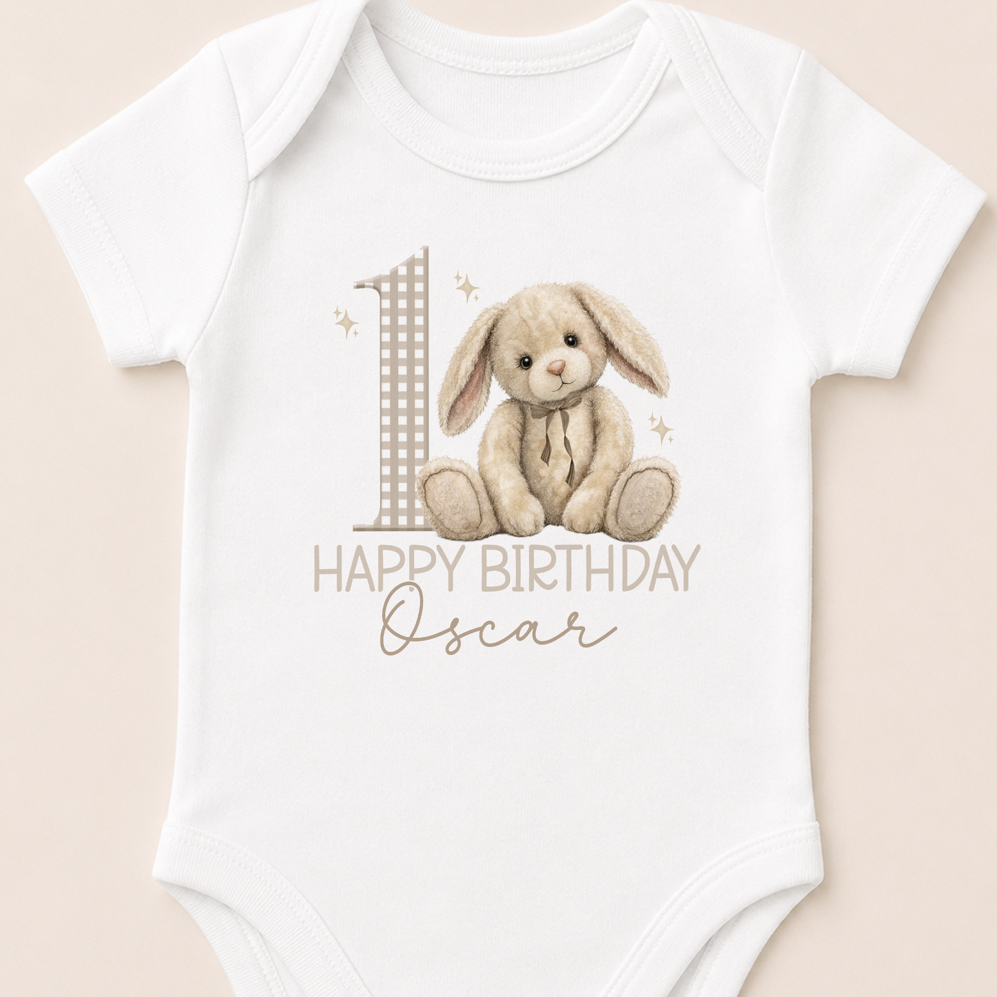 Personalised 1st birthday bunny sleepsuit with custom name design
