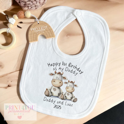 Two little cows personalised t-shirt for a daddy's first birthday, printed with Daddy and baby's name.