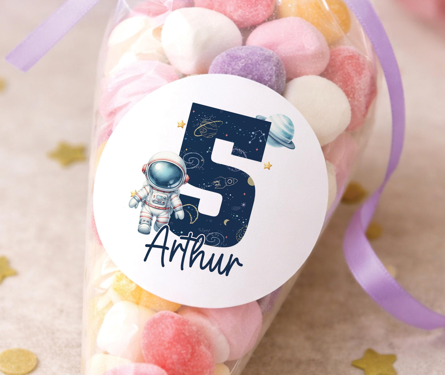 Sheet of personalised astronaut and rocket birthday stickers for a boy's 5th birthday