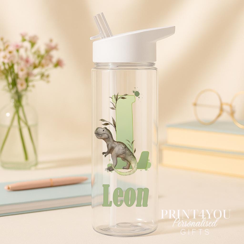 Personalised 750ml dinosaur water bottle with flip straw lid, showing the UV-printed dinosaur design and the child's custom name and initial