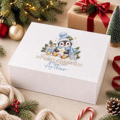 Personalised Baby Christmas Box, Penguin Keepsake, Baby Boy Gift