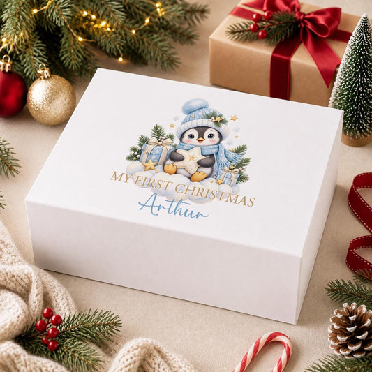 Personalised Baby Christmas Box, Penguin Keepsake, Baby Boy Gift