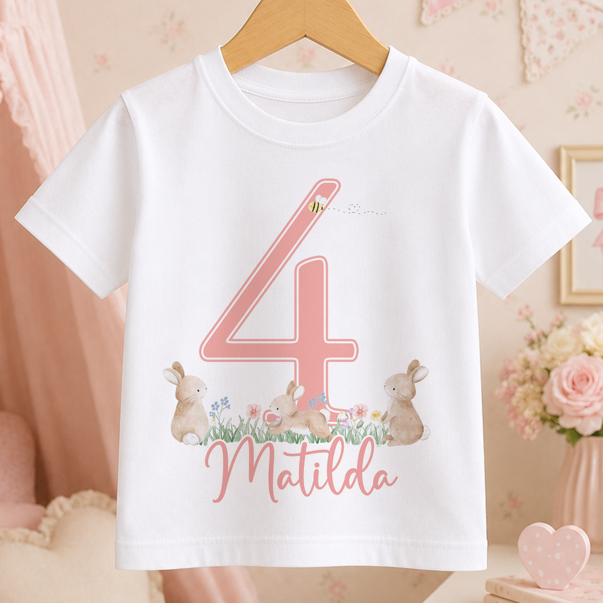 A white t-shirt with a pink number 4 and a bunny illustration, along with the text "Matilda" printed on it.