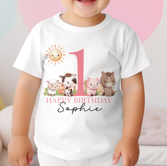 Personalised Pink Farm Animals first birthday bib with an I'm One farmyard design and custom name.