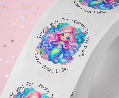Personalised Mermaid Stickers – High Quality Glossy White 5cm Party Bag Labels - Strips (5cm each)
