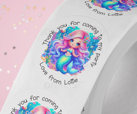 Personalised Mermaid Stickers – High Quality Glossy White 5cm Party Bag Labels - Strips (5cm each)