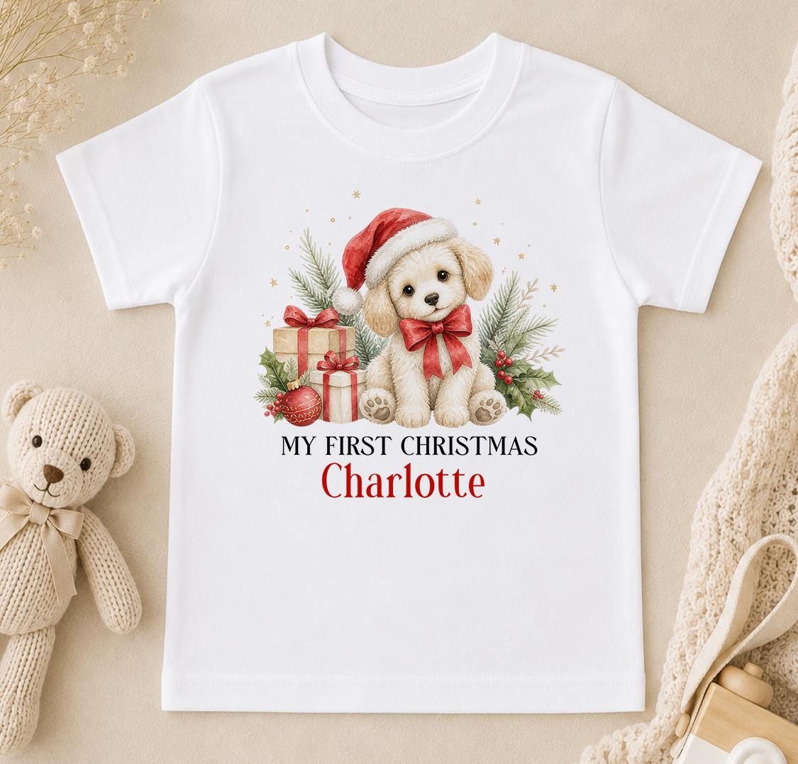 Personalised First Christmas Outfit, Puppy Dog Baby Vest Sleepsuit