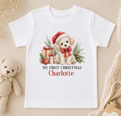 Personalised First Christmas Outfit, Puppy Dog Baby Vest Sleepsuit