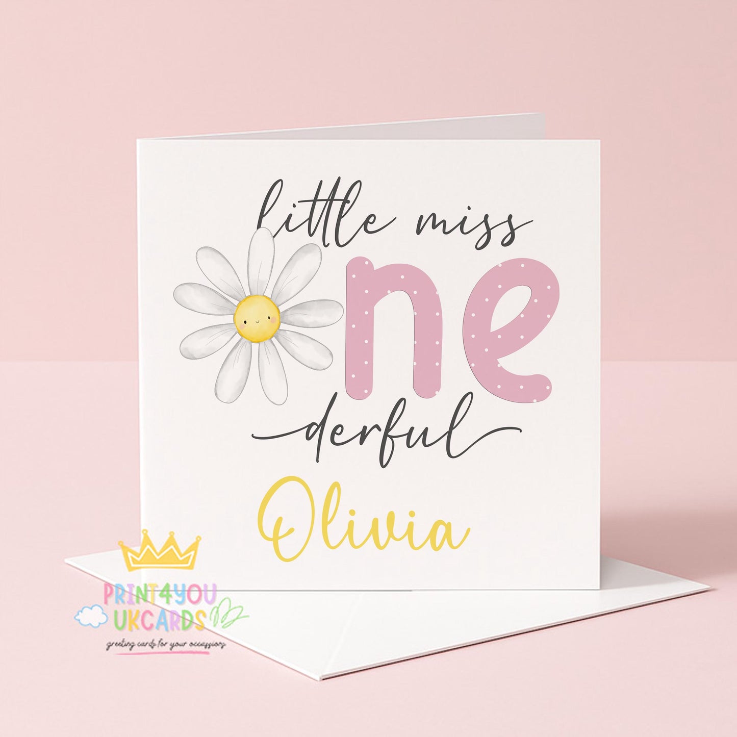 Square personalised first birthday card featuring a pink polka dot and floral design on a plain background