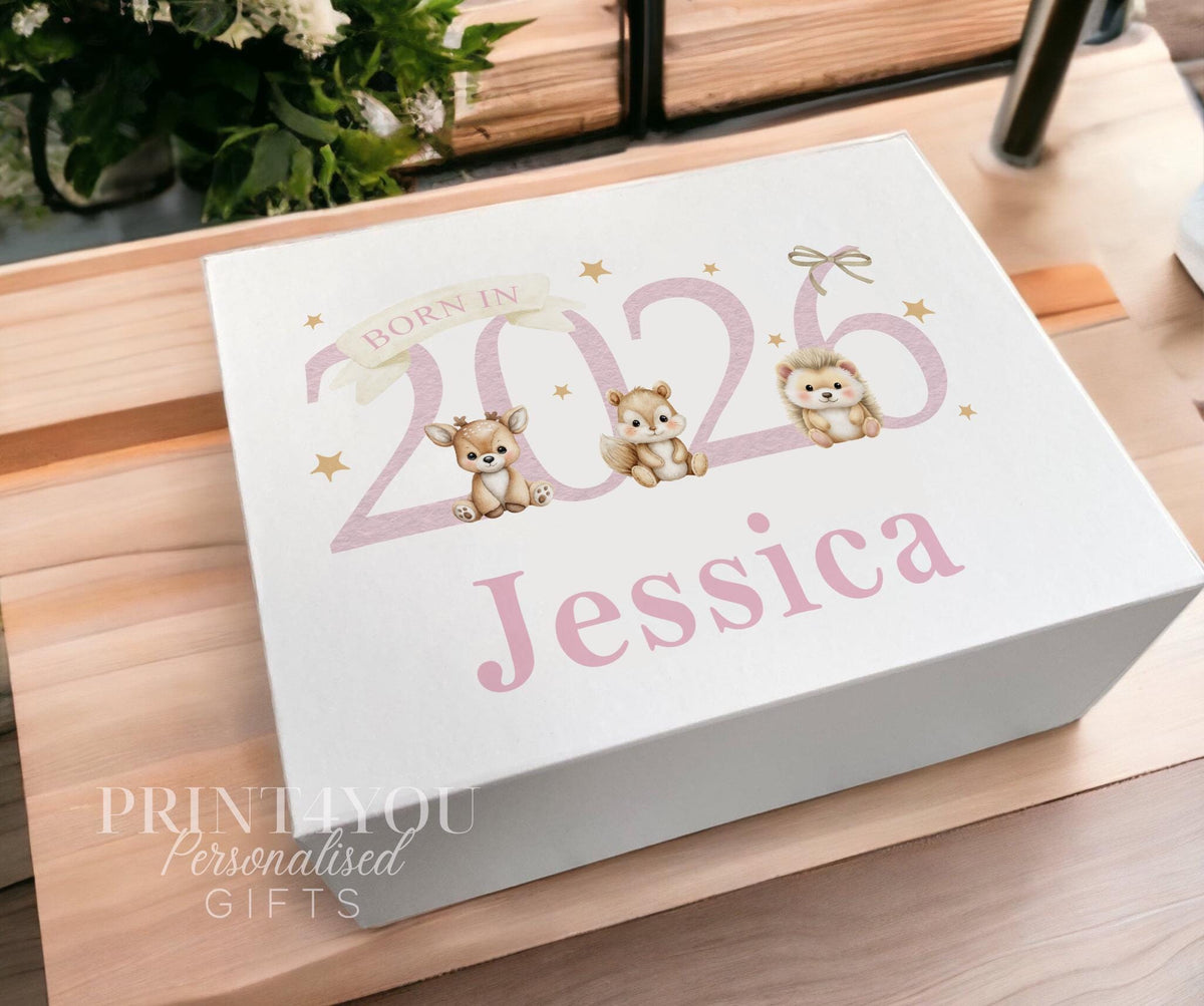 Personalised baby keepsake box in pink with a woodland fox and owl design and magnetic closure lid