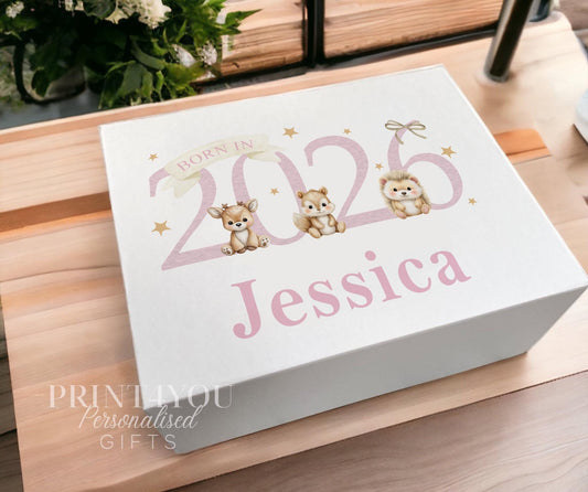 Personalised baby keepsake box in pink with a woodland fox and owl design and magnetic closure lid