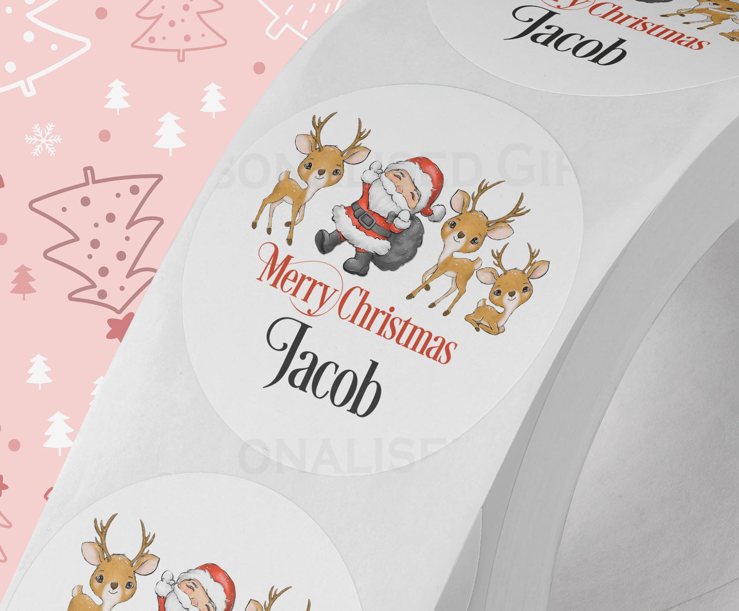 Personalised Santa and reindeer Christmas sticker on a strip of five, glossy white 5cm round gift label printed with a custom name