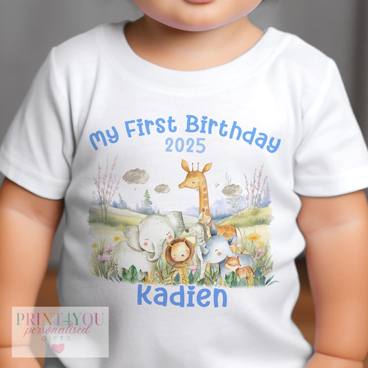 Safari Landscape personalised first birthday bib with giraffe, elephant and lion cub design.