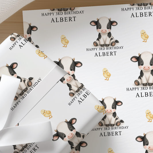 Printed cow wrapping paper shown as wrapping paper