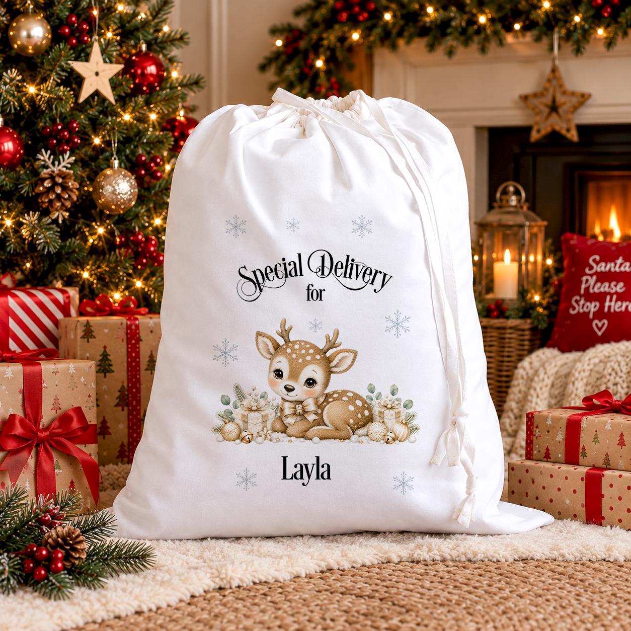 Personalised Santa Sack | Baby Deer Christmas Eve Bag, Large Cotton