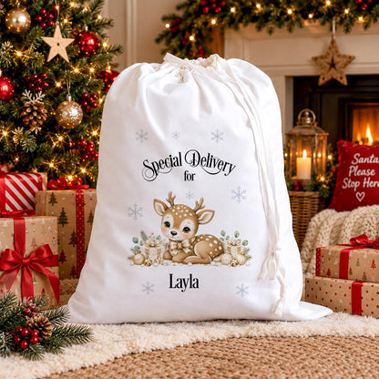 Personalised Santa Sack | Baby Deer Christmas Eve Bag, Large Cotton