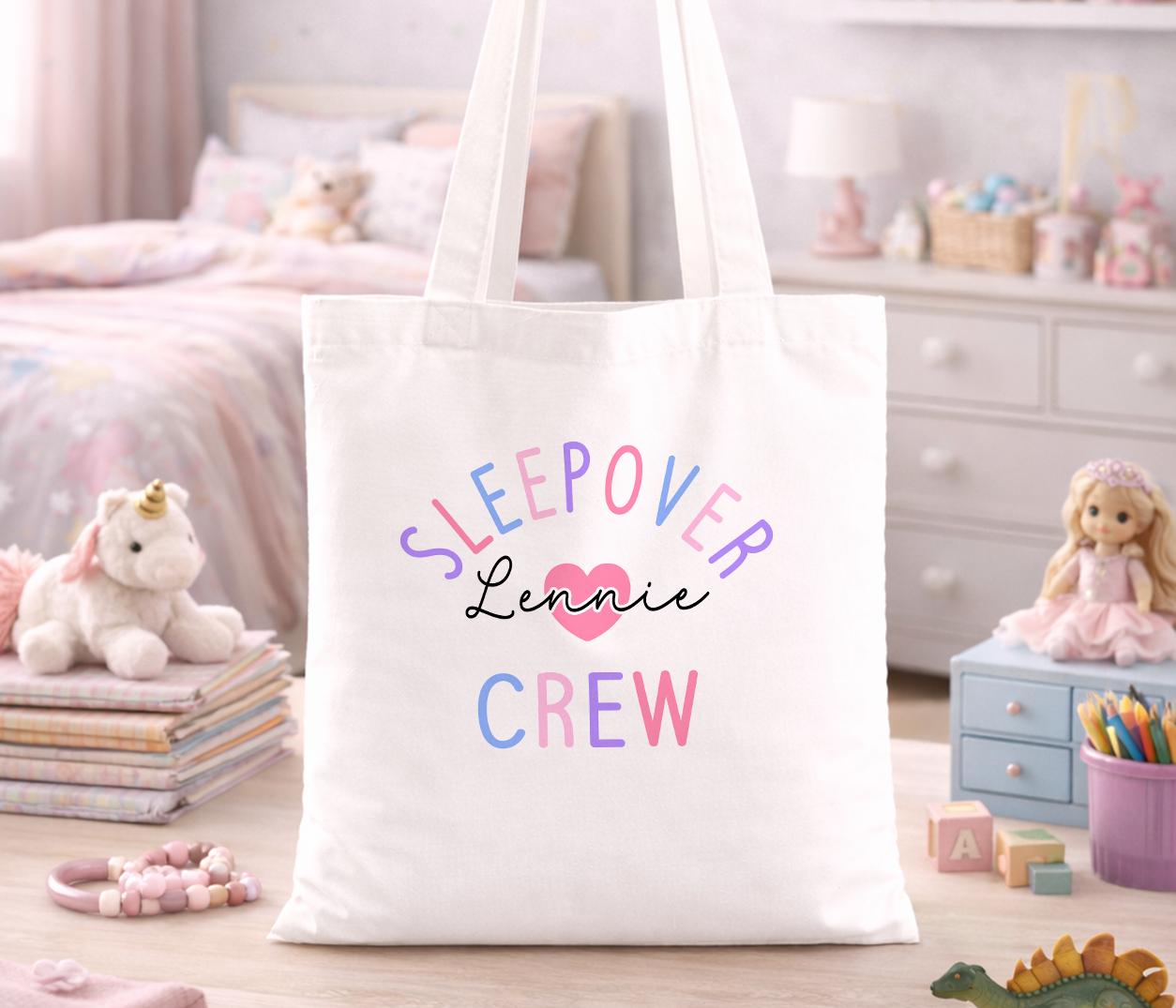 Cotton canvas kids' sleepover tote bag with fun printed design, personalised with a child's name, sized for pyjamas and overnight kit