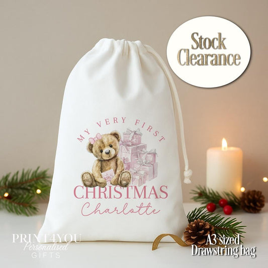 Personalised Baby Christmas Bag – Pink Teddy Bear Design – A3 Drawstring Sack