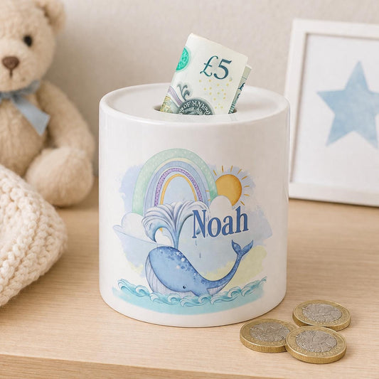 Personalised rainbow whale ceramic piggy bank