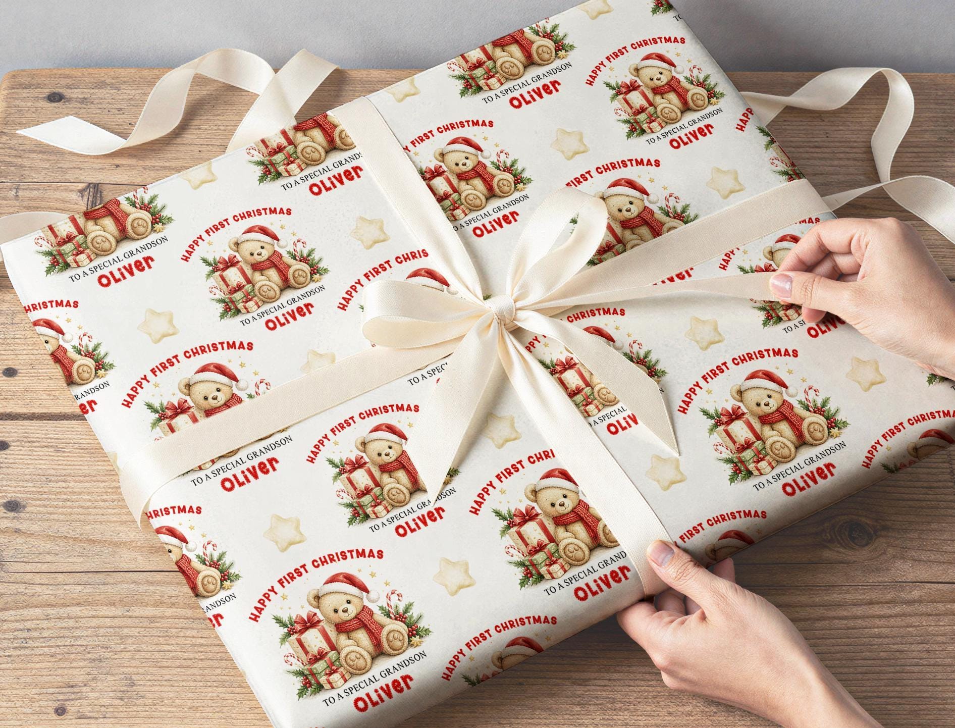 A gift wrapped in the personalised teddy bear first Christmas paper and tied with cream ribbon