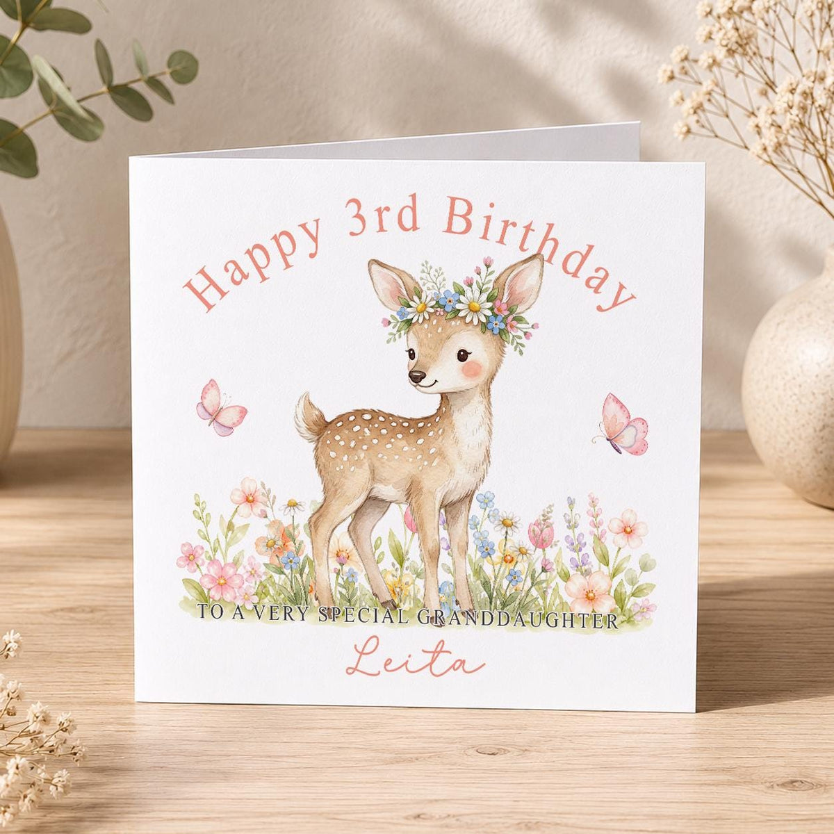 Personalised deer birthday card with woodland floral design