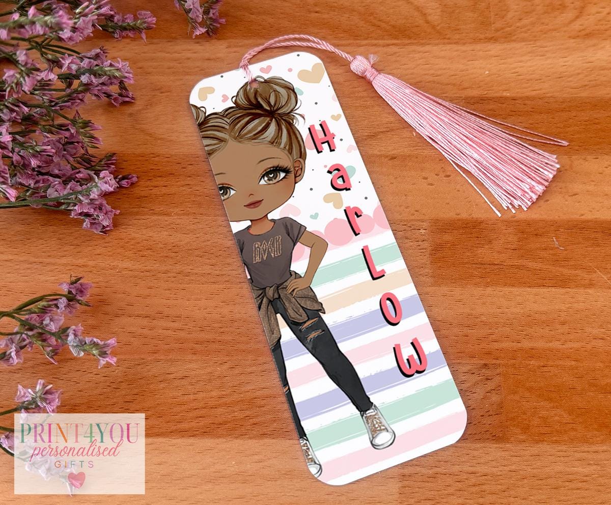 Personalised character bookmark aluminium tag with tassel featuring the Girl 4 illustrated design and custom name
