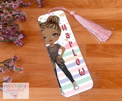 Personalised character bookmark aluminium tag with tassel featuring the Girl 4 illustrated design and custom name