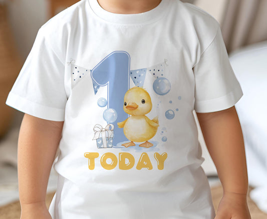 First Birthday Duck T – shirt – It's my Birthday, One Today, Rubber Duck and Bubbles - 6-12m