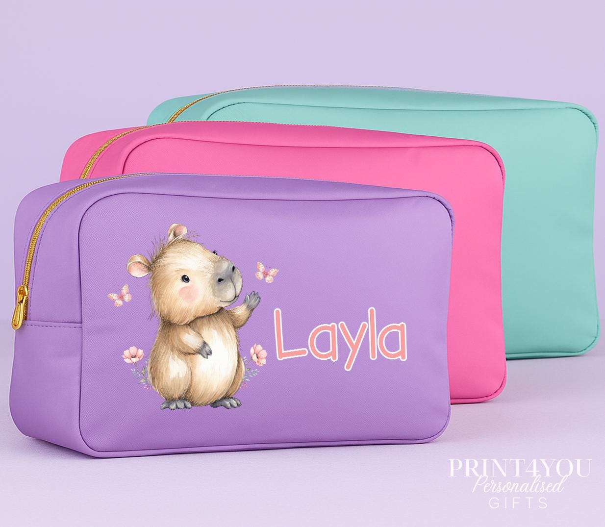 Personalised capybara makeup bag shown open to display the spacious interior