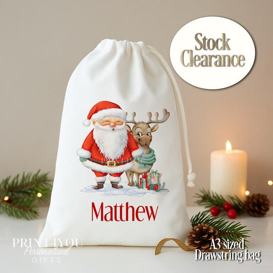 Personalised Christmas Drawstring Bag – Santa And Reindeer A3 Size Gift Sack