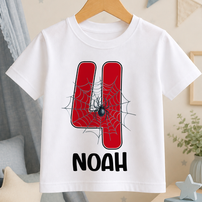 White children's t-shirt personalised with a red spider web design, a large birthday number and a custom name