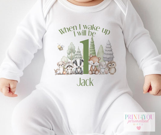 Personalised woodland explorer first birthday bib printed with child's name