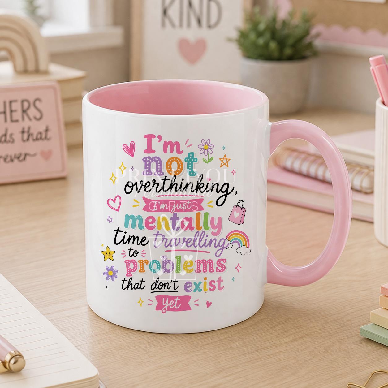 Pastel pink ceramic mug printed with a cute anxiety humour design, personalised with a name