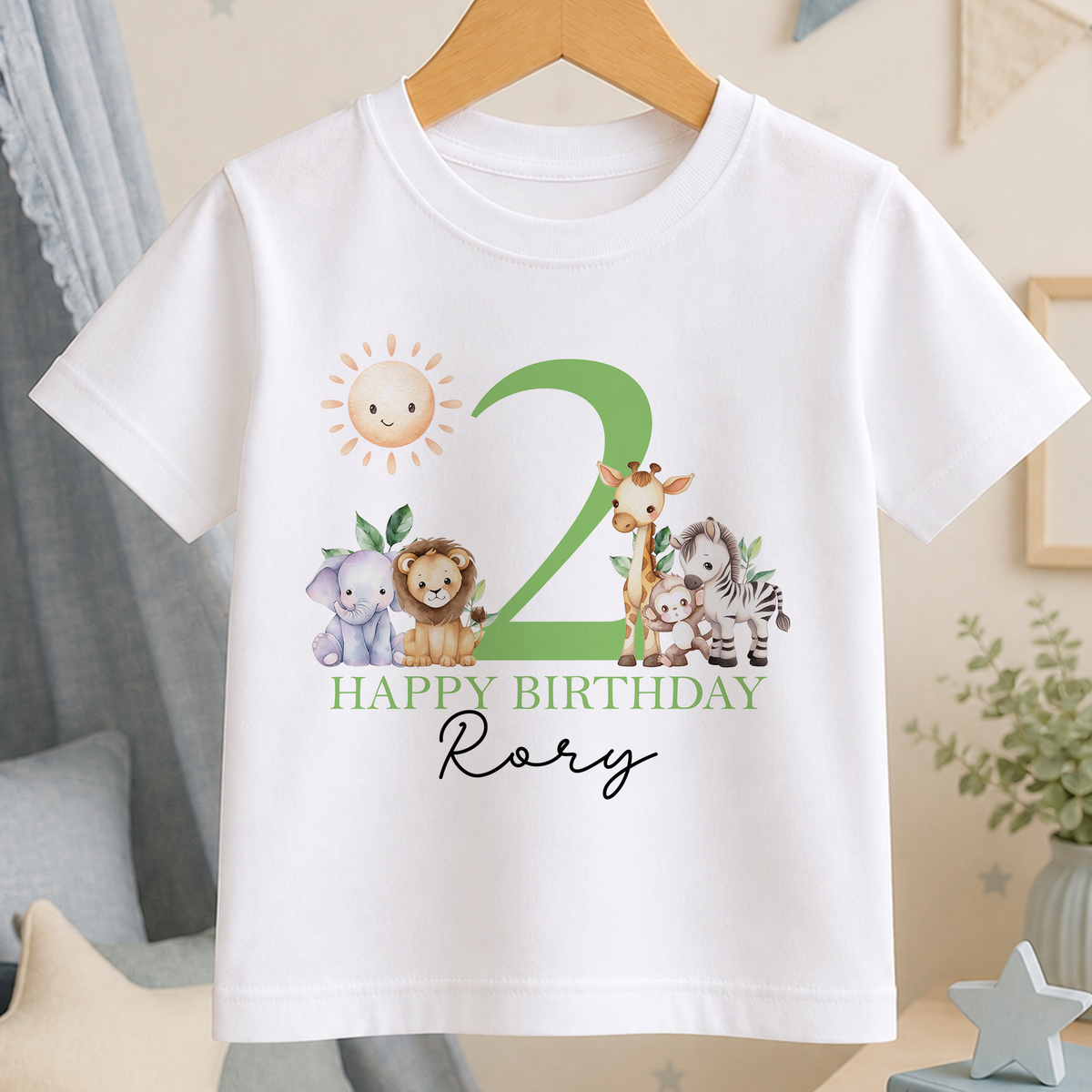 White cotton safari birthday t-shirt with lion, elephant and giraffe print, personalised with child's name and age number