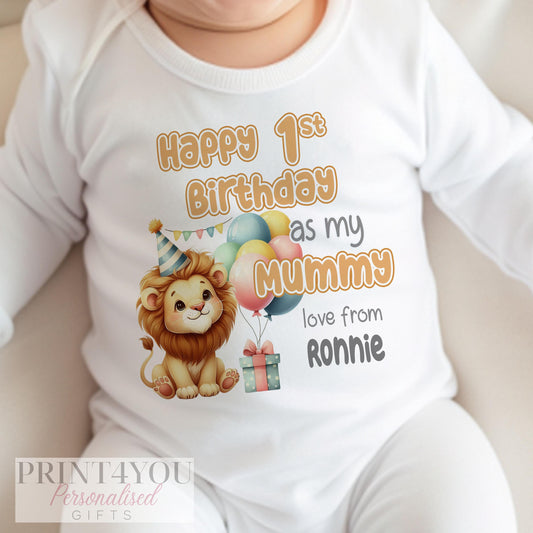 Personalised lion 1st birthday bib, printed with Happy 1st Birthday as my Mummy lettering and custom name.