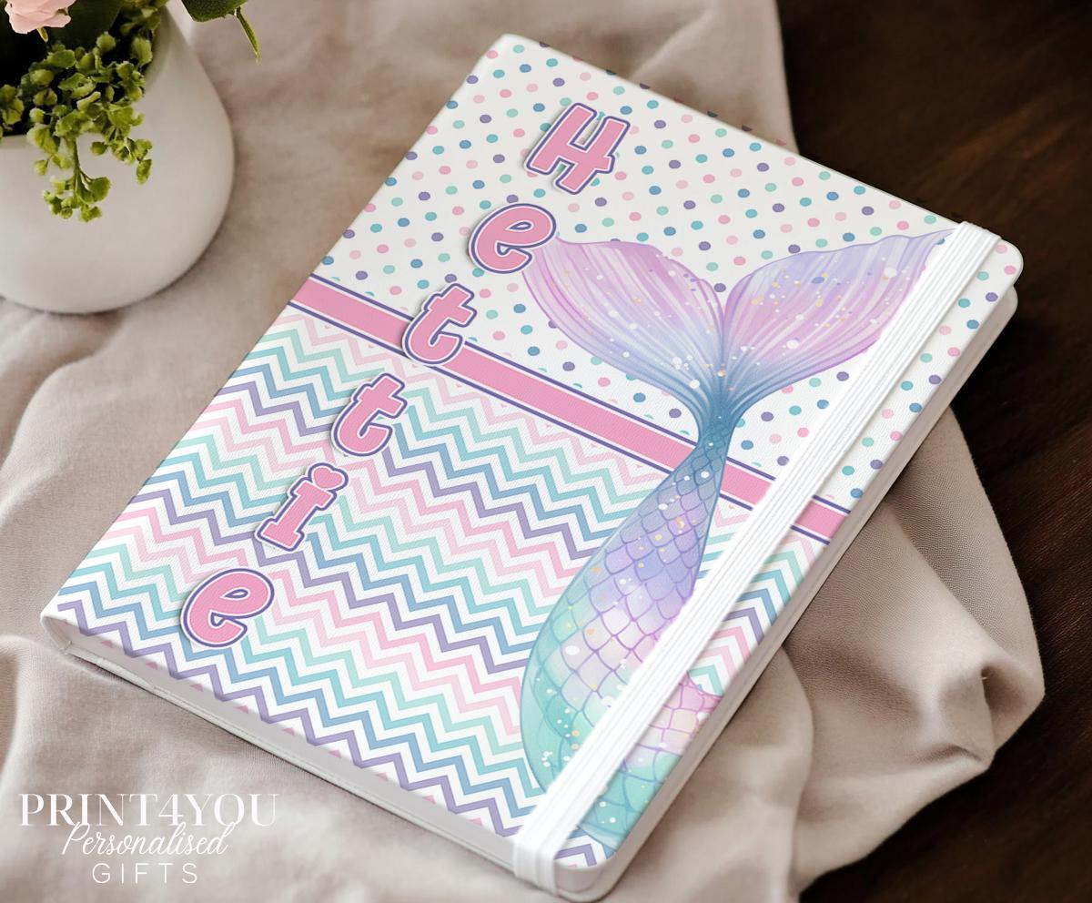 Personalised A5 mermaid notebook with PU hardback cover and elastic closure