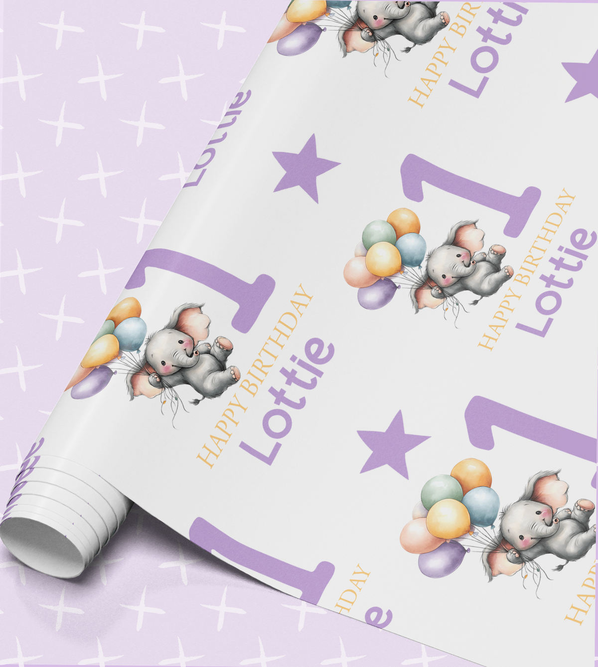 The image is a gift wrap with a purple background and a repeating pattern of a gray elephant holding balloons. The wrapping paper has a repeating pattern of the word "Lottie" and the number "1" along with a star and balloons.