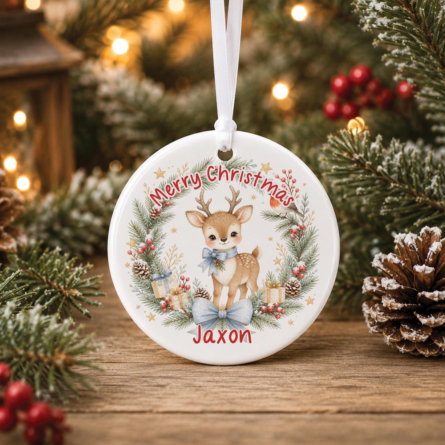 Personalised First Christmas Bauble - Fawn Wreath Ceramic Ornament