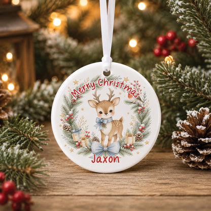 Personalised First Christmas Bauble - Fawn Wreath Ceramic Ornament