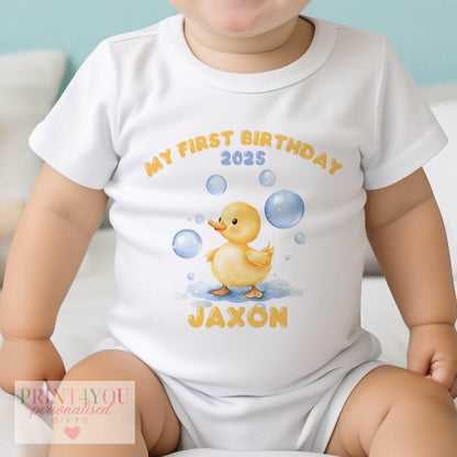Personalised bubble duck first birthday t-shirt printed with baby's name