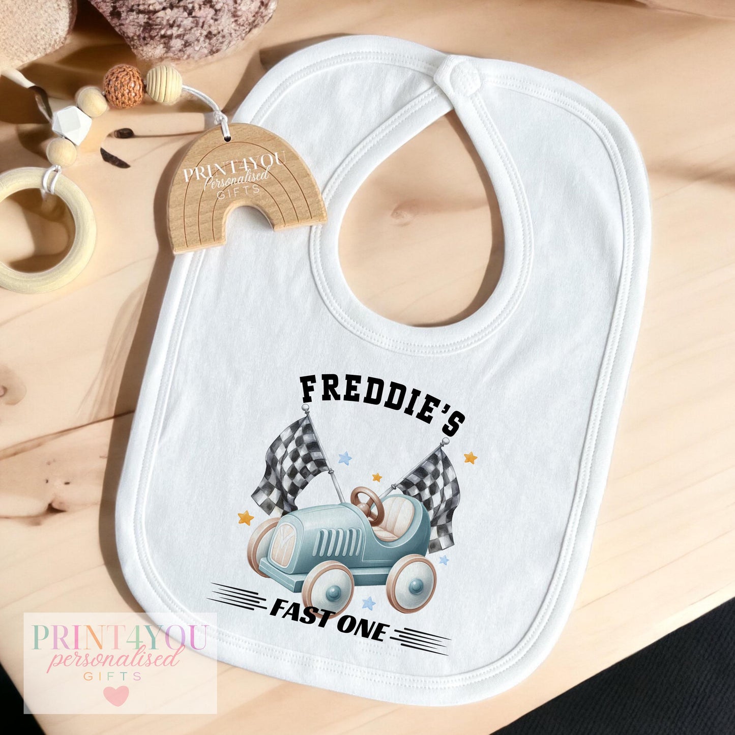 First Birthday Outfit – Personalised Baby Clothes | Racing Car Theme Vest & Bib