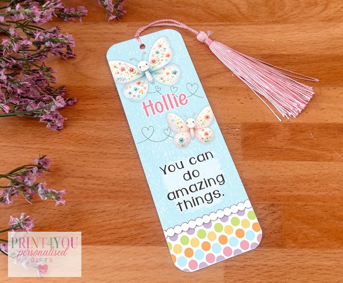 Personalised butterfly aluminium bookmark showing custom name and pastel butterfly artwork