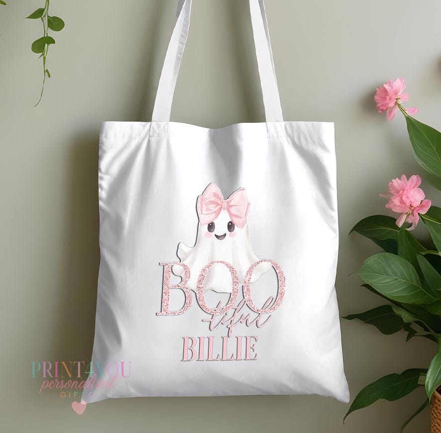 Personalised Halloween Tote – Custom Name BOO-tiful Ghost Bag - White