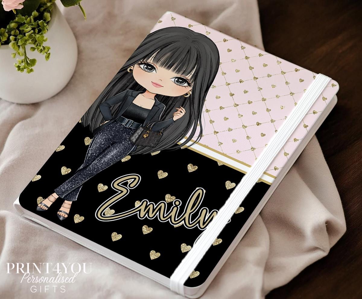 Personalised girl notebook PU leather journal with custom name, Girl 1 character design