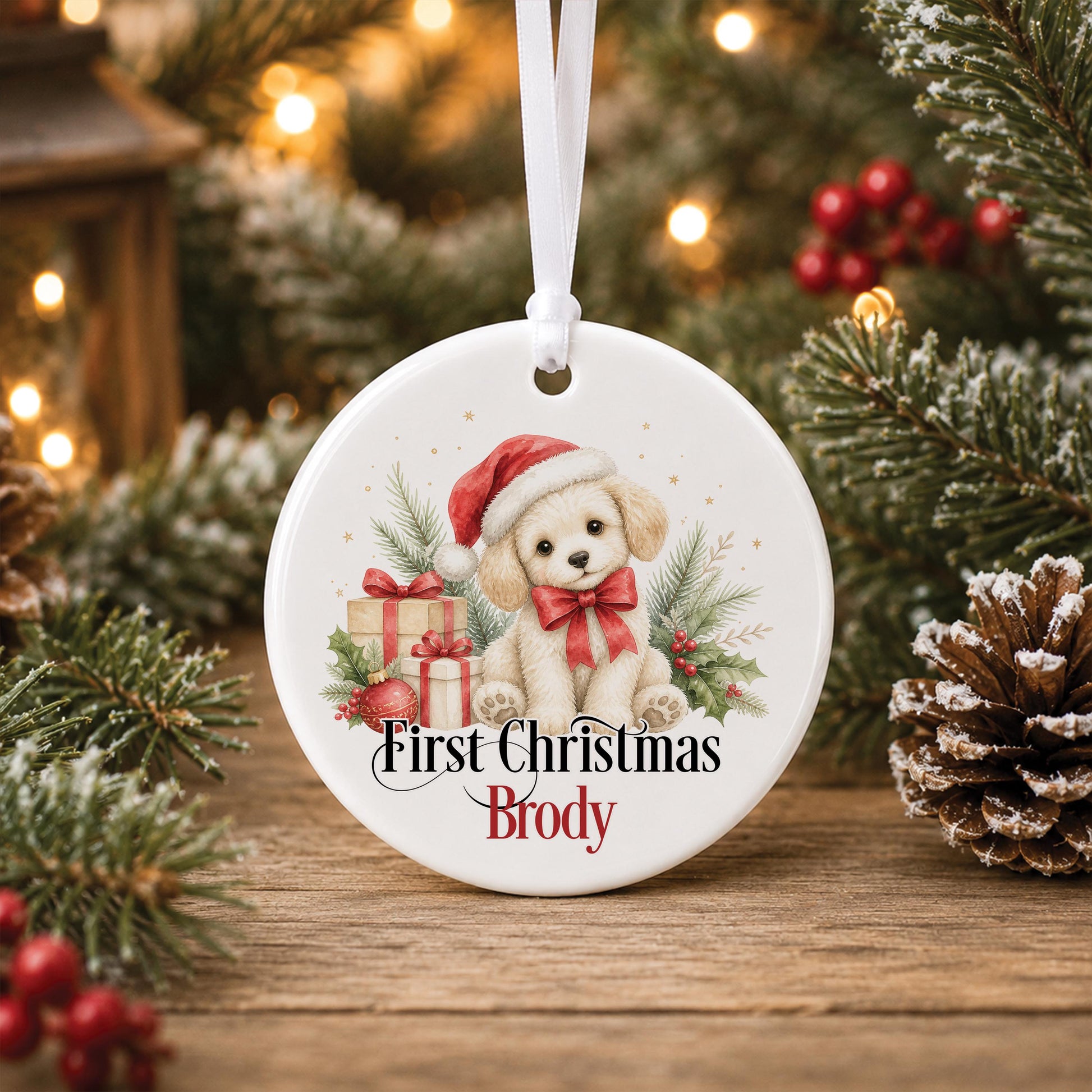 Personalised baby first Christmas bauble, white ceramic ornament with a puppy in a Santa hat, holly and berries, printed with baby's name and First Christmas