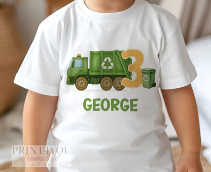 Personalised green garbage truck birthday t-shirt with custom name and age printed on white cotton