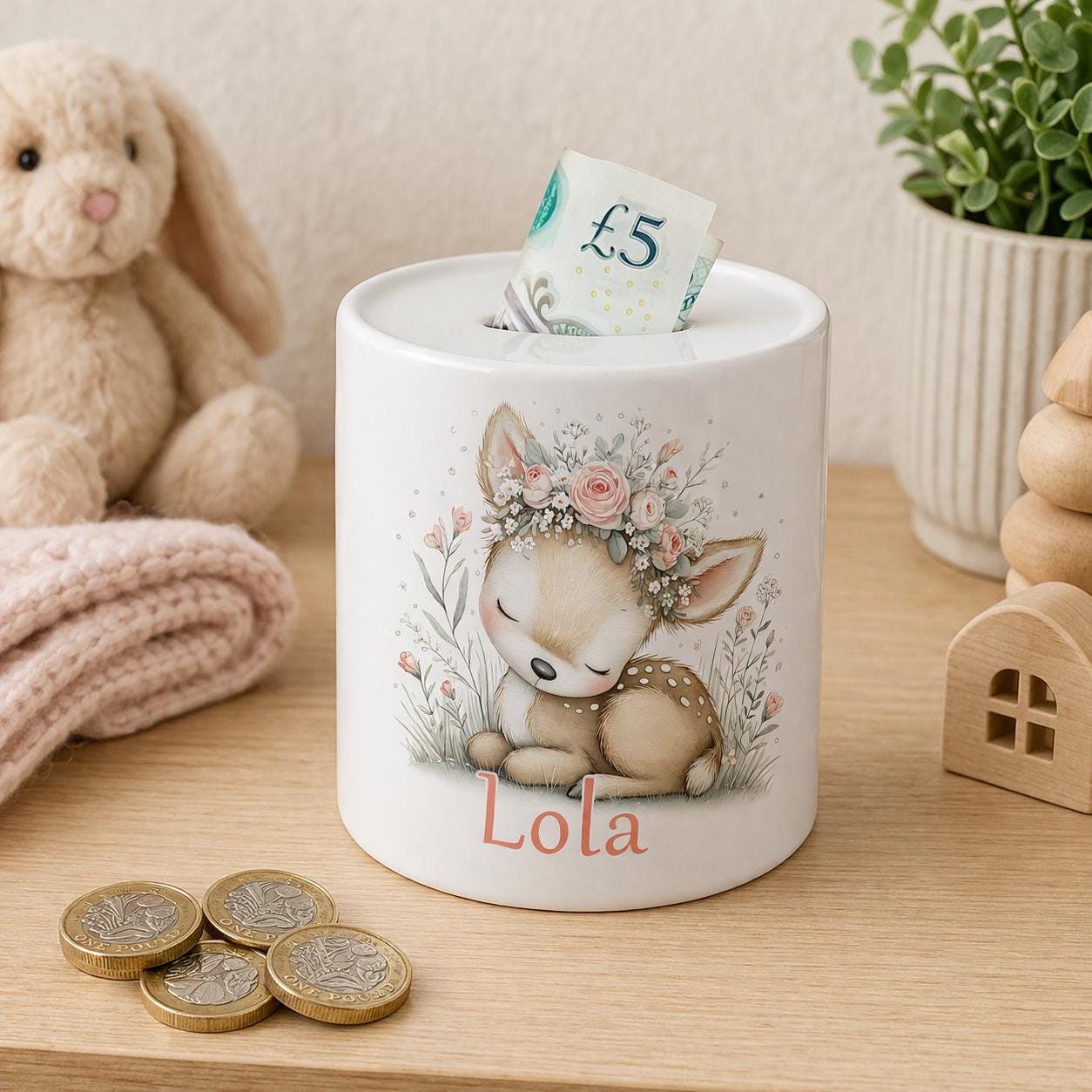 Personalised deer ceramic piggy bank with floral design