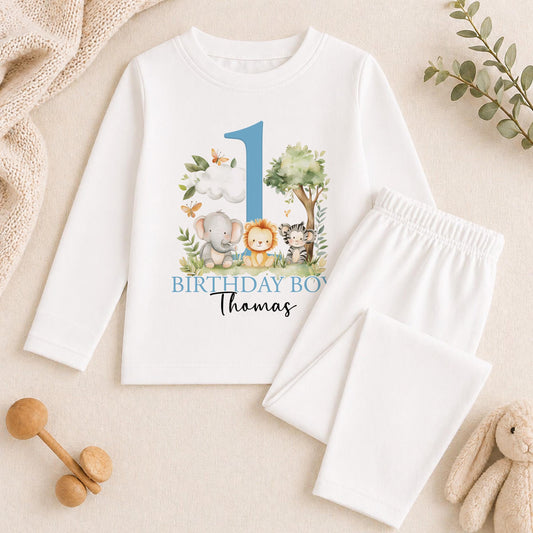 Personalised blue safari 1st birthday pyjamas for baby boys, printed with a custom name