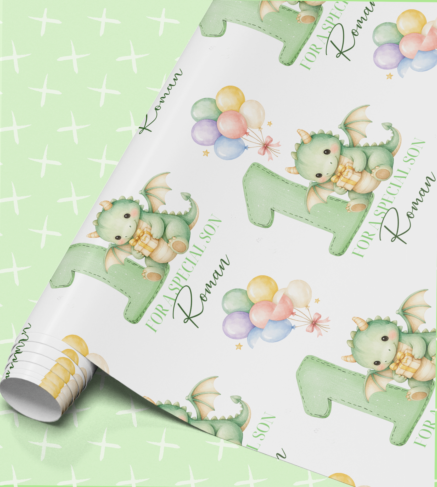 a repeating pattern of green dinosaurs and balloons on a white background.